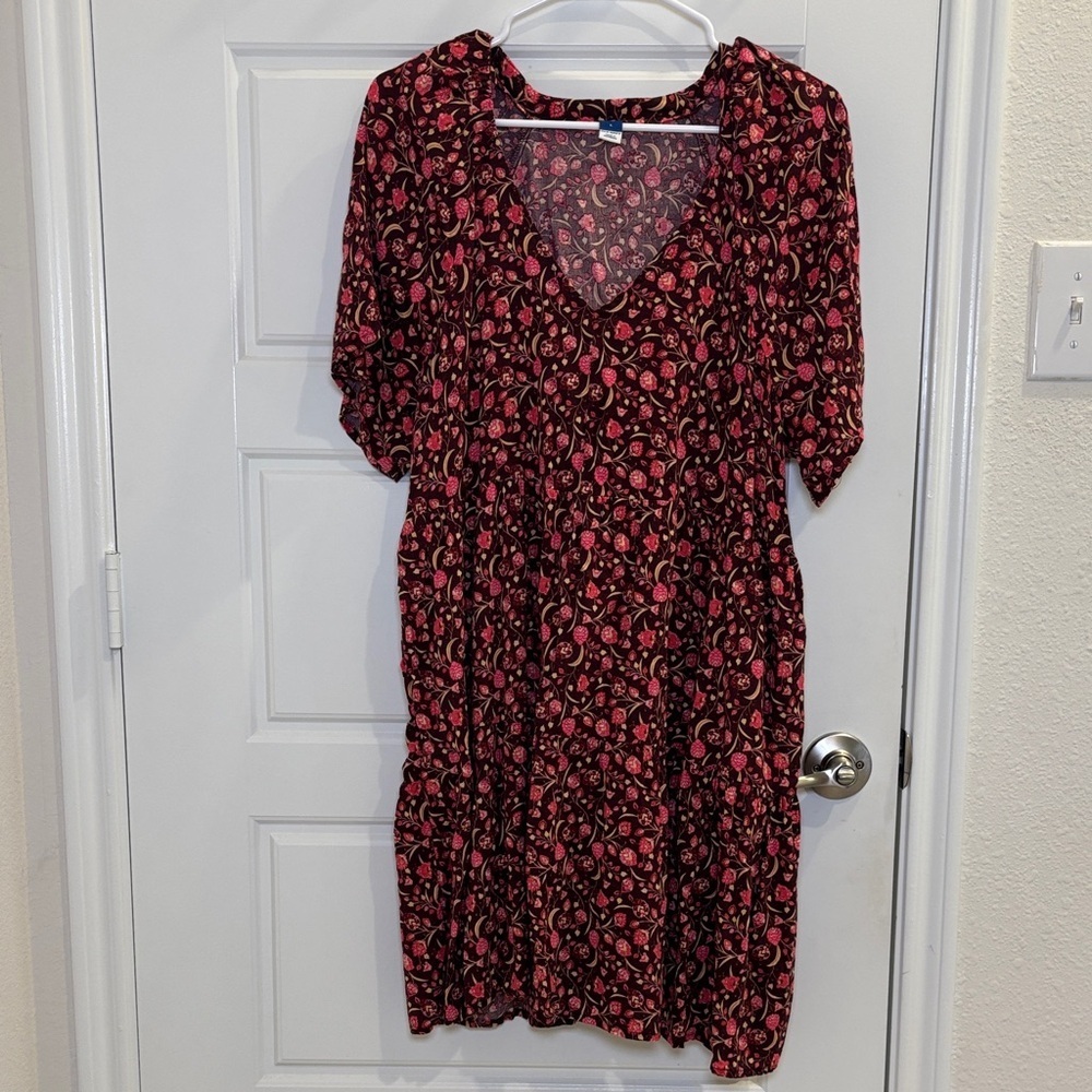 Old Navy Floral Babydoll Dress Large Red Pink Boho Cottagecore Mini